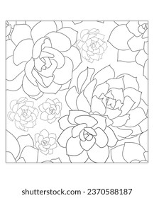 Hand drawn line art Beautiful succulent flower seamless pattern  illustration Coloring book page antistress for children and adults. Perfect for coloring book, invitation, greeting card, print.