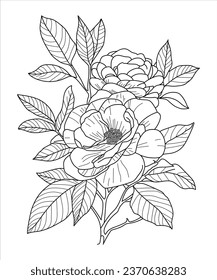 Hand drawn line art beautiful camellia flower illustration anti-stress coloring book page for adults. Floral print. Outline poppies. Perfect for coloring book, invitation, greeting card, print.