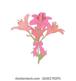 Hand drawn line art of beautiful romantic bouquet with colorful lilies flowers and cute bow knot. Botanical vector illustration isolated on white.