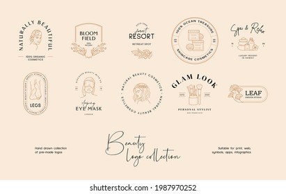 Hand drawn line art beauty vector logo design template collection. Illustration of elegant signs and badges for beauty, natural cosmetics, spa and wellness, fashion, wedding
