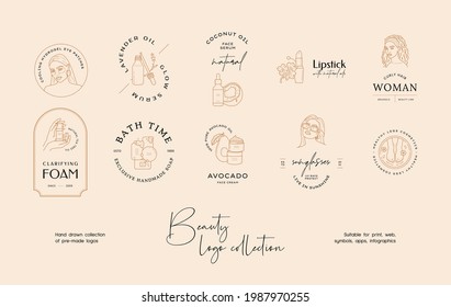 Hand drawn line art beauty vector logo design template collection. Illustration of elegant signs and badges for beauty, natural cosmetics, spa and wellness, fashion, wedding
