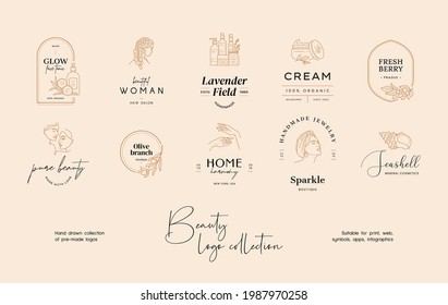 Hand drawn line art beauty vector logo design template collection. Illustration of elegant signs and badges for beauty, natural cosmetics, spa and wellness, fashion, wedding
