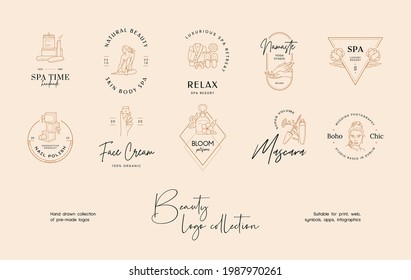 Hand drawn line art beauty vector logo design template collection. Illustration of elegant signs and badges for beauty, natural cosmetics, spa and wellness, fashion, wedding
