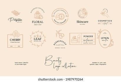 Hand drawn line art beauty vector logo design template collection. Illustration of elegant signs and badges for beauty, natural cosmetics, spa and wellness, fashion, wedding
