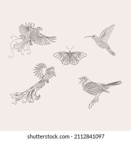hand drawn line art bird with batik ornament style.