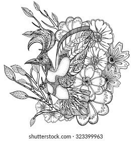 Dibujado a mano arte de línea de un pájaro sobre fondo floral con adorno en estilo zentangle. Ilustración vectorial única para colorear libro.