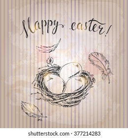 Hand drawn line art bird nest with eggs and feathers, easter lettering. Easter symbol ink drawing on grunge striped background retro style.