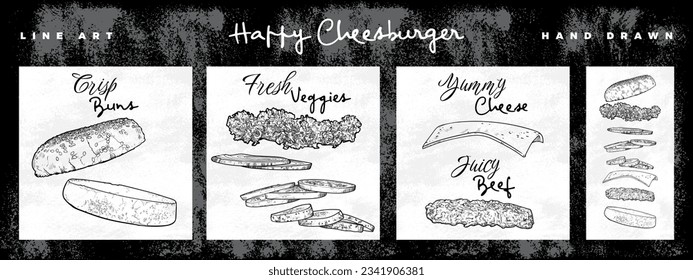 Hand drawn line art black cheeseburger, hamburger, burger vector design for restaurant or pubs menus, banners, social media