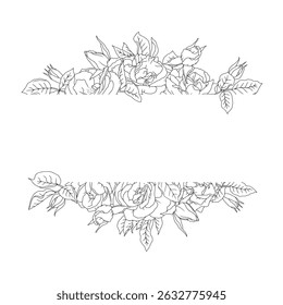 Hand drawn line art black and white rose flowers frame for cards and invitations isolated on white background. Vintage romantic floral border vector illustration