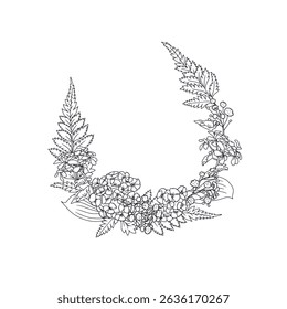 Hand drawn line art black and white sweet william and geranium flowers round wreath. Vintage monochrome romantic floral frame vector illustration