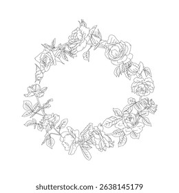 Hand drawn line art black and white rose flowers round frame. Vintage romantic monochrome floral wreath bouquet vector illustration