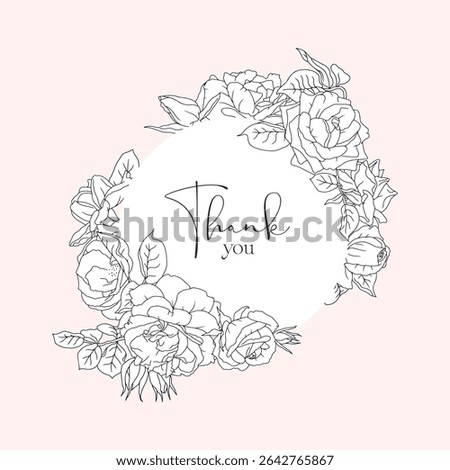 Hand drawn line art black and white flowers round frame with text thank you on pink background. Vintage romantic monochrome floral wreath bouquet vector illustration