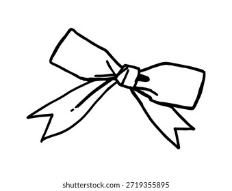 Hand drawn line art bow with wide ribbon and swallowtail ends. Minimal doodle illustration for branding, packaging, wedding stationery, gifts, labels and decorative design elements