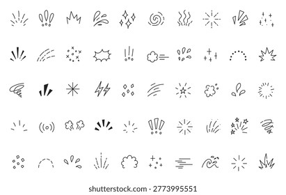 Hand drawn line art bursts with surprise rays and sparkles. Doodle hand drawn starburst icons shine bright. Surprise shapes for comic effects, manga splash, cartoon decorations. Vector illustration