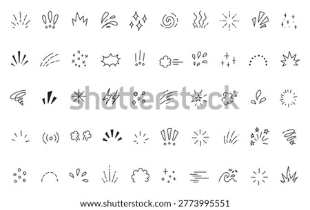 Hand drawn line art bursts with surprise rays and sparkles. Doodle hand drawn starburst icons shine bright. Surprise shapes for comic effects, manga splash, cartoon decorations. Vector illustration