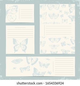 Hand drawn line art butterfly stationary set.  Holiday card, business card, cover, banner, label design in light blue color.