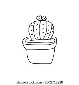 Hand drawn line art cactus pot design vector isolated on white background