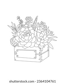 Hand drawn line art cactus and succulents bouquet with wood planter tree box Coloring page antistress for children and adults. Perfect for coloring book, invitation, greeting card, print.