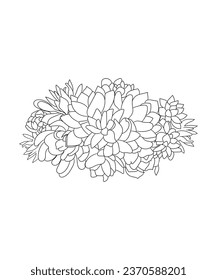 Hand drawn line art cactus and succulents bouquet illustration coloring book page antistress for children and adults. Perfect for coloring book, invitation, greeting card, print. Black outline.
