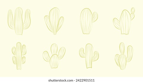 Hand Drawn Line Art Cactus, Isolated on White Background. Outline Cactus Element Illustration, Vector Illustration Collection