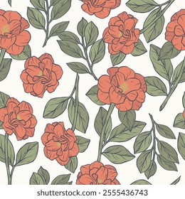 Hand drawn line art camellia flowers background