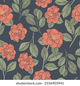 Hand drawn line art camellia flowers seamless pattern