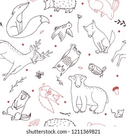 Hand Drawn Line Art Cartoon Doodle Animal Seamless Pattern In Vector. Repeated Forest Animal Illustrations On The White Background