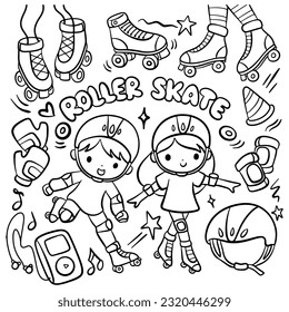 hand drawn line art cartoon kids playing roller skate