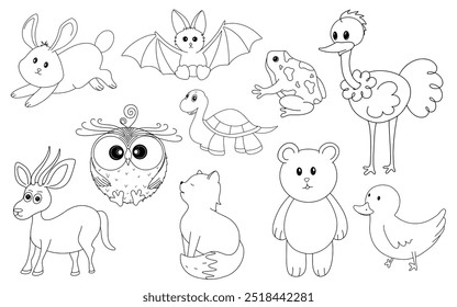 Desenho desenhado à mão desenhos animados rabiscar animal selvagem coleção de coelho, coruja, morcego, raposa, avestruz, cabra de montanha, urso, pato, tartaruga, sapo