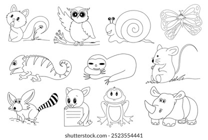 Hand drawn line art cartoon doodle animal wildlife collection of rhinoceros, owl, monkey, butterfly, raccoon, rat, squirrel, snail, sloth