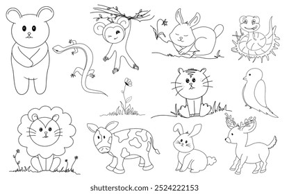 Dibujado a mano línea arte de dibujos animados doodle animal colección de la vida silvestre Conejo, Serpiente, Pájaro, Vaca, Oso, Lagarto, Gato, León, Ciervo, Mono