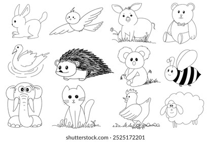 Dibujado a mano línea arte de dibujos animados doodle animal colección de la vida silvestre de Conejo, Erizo, Pájaro, Cerdo, Oso, Ganso, Gato, Elefante, Pollo, Ovejas, Abeja, Koala