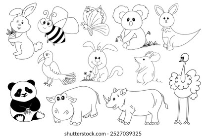 Hand drawn line art cartoon doodle animal wildlife collection of Rabbit, Bee, Bird, Butterfly, Panda, Hippo, Dog, Rhinoceros, Ostrich, Mouse, Kangaroo