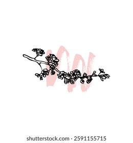 Hand drawn line art cherry blossoms on a branch. Vector illustration of spring flowers. Elegant doodle of beautiful flowers on sketched background. Graphic assets for print and online designs.