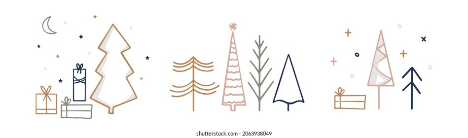 Hand drawn line art Christmas illustrations with pine trees, gift boxes and snowflakes. Festive cards for winter holidays, Christmas design. Trendy fir trees doodles. Flat vector illustration