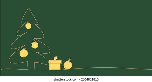 Hand drawn line art Christmas tree with presents and ornaments, gold and green vector design