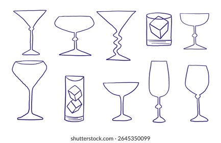 Hand Drawn Line Art Cocktail Wine Glass. A refined collection of 10 hand drawn glassware elements in clean line art style featuring martini and wine. Perfect for bar menus stickers and drink