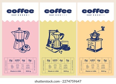 Hand drawn line art coffee vector packaging label design template. Boho style illustration of elegant signs and badges for cafe, restaurant, food and drinks products.