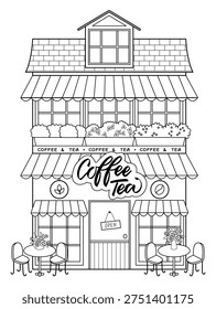 Hand drawn line art coffee shop building facade in city street. Storefront with tables and chairs in doodle outline style. Exterior front view of cafe building for coloring book. Vector illustration.