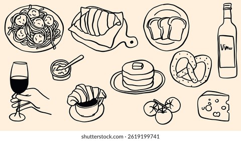 Coleção artística desenhada à mão de comida e bebida. Vinho, pão, massa, queijo e sobremesas.