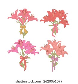 Lírios coloridos desenhados à mão lindos buquês romântico bonito conjunto com nós de arco bonitos. Flor de maio do mês de nascimento. Feixe de ilustração de vetor botânico isolado no branco.