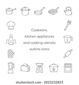 Hand drawn line art cookware, kitchen appliances and cooking utensils frame vector illustration with empty space for text.