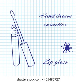 Hand drawn line art cosmetics on notebook paper background. Lip Gloss drawn with a pen. Vector ilustration EPS10