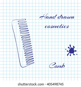 Hand drawn line art cosmetics on notebook paper background. Comb drawn with a pen. Vector ilustration EPS10