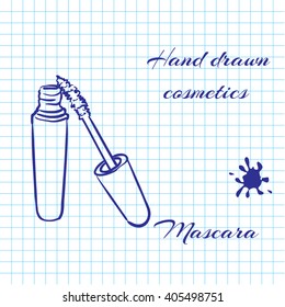 Hand drawn line art cosmetics on notebook paper background. Mascara drawn with a pen. Vector ilustration EPS10