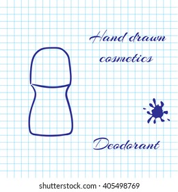 Hand drawn line art cosmetics on notebook paper background. Deodorant drawn with a pen. Vector ilustration EPS10
