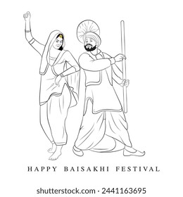 Hand drawn line art, Couple outline drawing, Punjabi couple dancing illustration