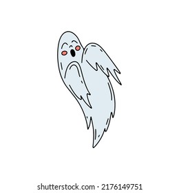 Hand drawn line art cute ghost Halloween illustration.