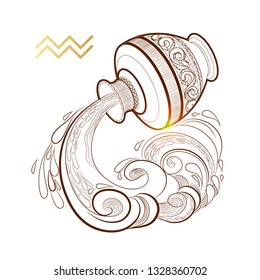 Hand drawn line art decorative zodiac sign Aquarius on white background. Horoscope vintage card with handwritten word.