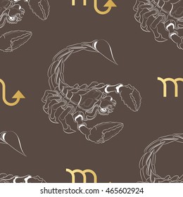 Hand drawn line art of decorative zodiac sign Scorpio. Horoscope vintage seamless pattern in zentangle style. 